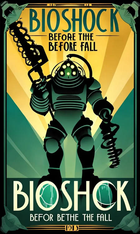 diver with drill arm,big daddy, Text:"Bioshock Before the Fall", <lora:artdecopostsdxl:0.8>, art deco style poster, 1940s, vibrant color,