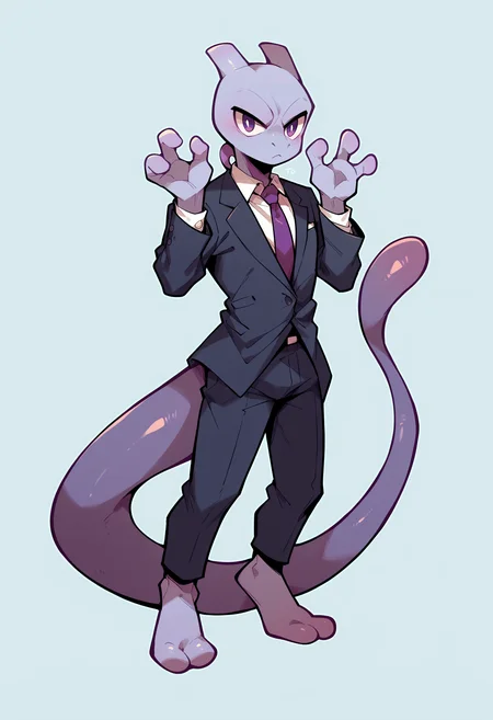 score_9, score_8_up, score_7_up, score_6_up, score_5_up, score_4_up, 1boy, <lora:Mewtwo:0.9> solo, colored skin, purple skin, purple eyes, tail, full body, fewer digits, three fingers, hands up, business suit,
light blue background, simple background,