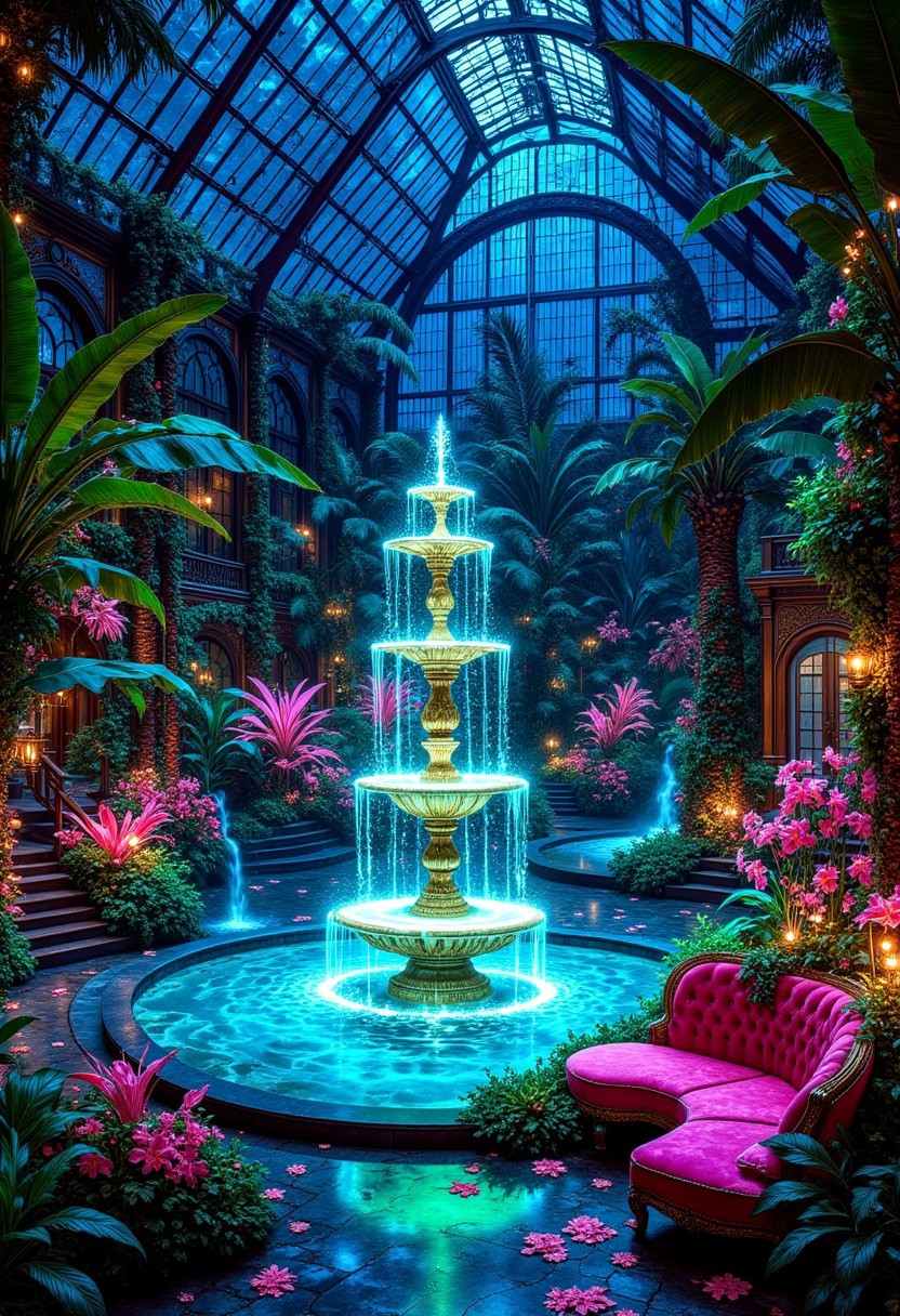 Enchanted Neon Jungle Ballroom with Glowing Fountains
A massive, palace-like greenhouse ballroom, where lush jungle foliage intertwines with grand architecture. The space is filled with bioluminescent tropical flowers, their petals glowing in vibrant pinks, electric blues, and neon greens. The towering glass ceiling allows moonlight to pour in, enhancing the otherworldly hues.
In the center, a grand tiered fountain with cascading crystal-clear water glows from within, infused with shimmering light particles that make it appear as though liquid stardust is flowing. The surrounding pools reflect the vibrant neon flora, creating an ever-changing iridescent effect.
The seating areas are arranged on elevated wooden platforms covered in golden vines, with magenta and emerald velvet sectionals, accentuated by gold filigree details. Overhead, bioluminescent vines and hanging orchids drip with glowing nectar, forming a canopy of surreal beauty. The air is thick with the scent of night-blooming jasmine, citrus, and fresh rain, making the room feel alive, magical, and immersive.