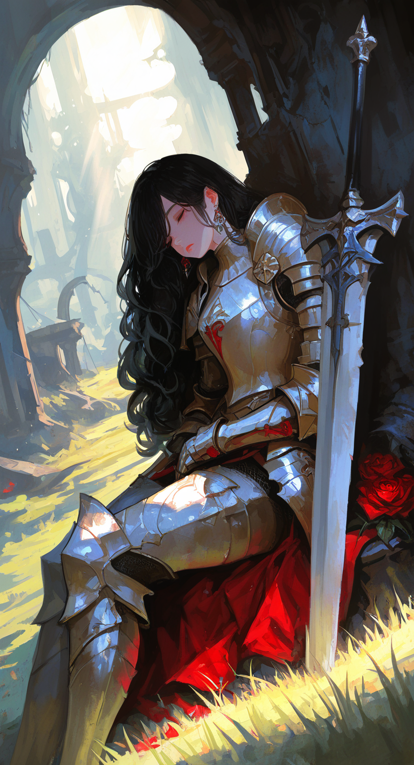 masterpiece, best quality, good quality, very aesthetic, absurdres, newest, 1girl, solo, long_hair, black_hair, sitting, earrings, armor, lips, wavy_hair, grass, sleeping,shoulder_armor, gauntlets, pauldrons, red_rose, breastplate, greaves, faulds, knight, full_armor, plate_armor, Leaning on a greatsword, ruins,Injuried,Watercolor, sunlight,sunbeam,Dutch Angle, <lora:ponyv5_noobV065S_1_adamW-000013:0.7> <lora:USNR_STYLE_XL_lokr:0.45> <lora:GBF_Illustrious:0.4> <lora:745cmSDXLvpred75S:0.45> <lora:ILwatercolor:0.3> <lora:96YOTTEA-WAI:0.3>