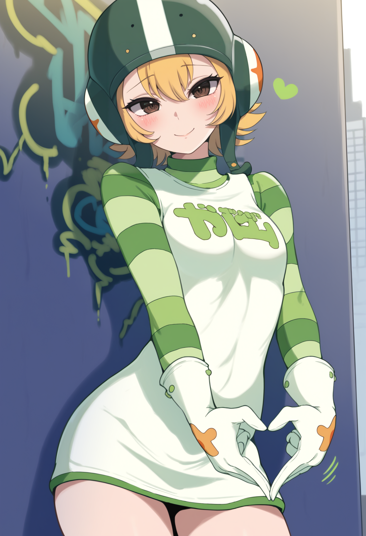 masterpiece, best quality, 1girl, solo, <lora:NSGumJSR:1> NGGumJSR, short hair, blonde hair, hair between eyes, brown eyes, helmet, short dress, long sleeves, striped sleeves, green sleeves, white dress, clothes writing, roller skates, white gloves, heart-hands, smile, blush, city, graffiti