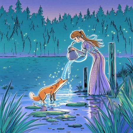 You are an assistant designed to generate quality images with the superior degree of image-text alignment based on textual prompts or user prompts. A girl with long flowing hair in a glittering dress on the shore by a dock bending over a lake, scooping up water in a jug. The lake is in a forested area, with a fox on the shore near the bottom of the picture. The picture is in blue-green tones with purple gradients and the fox is orange. Fireflies illuminate the area.
Hitoshi Ashinano style
