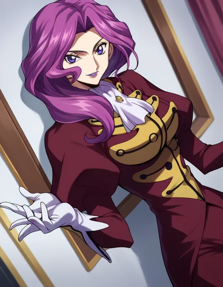 score_9, score_8_up, score_7_up, source_anime,
cornelialibritannia, <lora:cornellia-li-britannia-s1-ponyxl-lora-nochekaiser:1>
cornelia li britannia, purple eyes, purple hair,
ascot, gloves, juliet sleeves, lipstick, long sleeves, makeup, pants, puffy sleeves, purple lips, red pants, red shirt, shirt, white ascot, white gloves,
indoors, smile,
looking at viewer, dutch angle, cowboy shot, solo,