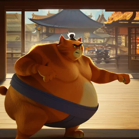 score_9_up, score_8_up, score_7_up, (detailed face, detailed background, perfect eyes, perfect anatomy, masterpiece, best quality), Sumo, cat, fat, whiskers, cat ears, dark blue sumo belt, furry, blue eyes, thick eyebrows, sharp teeth, colored sclera, pale yellow sclera, tiny pink nose, stubby tail, crop of black hair braided into a small bun, black unibrow, indoors, sliding door, Japanese village,