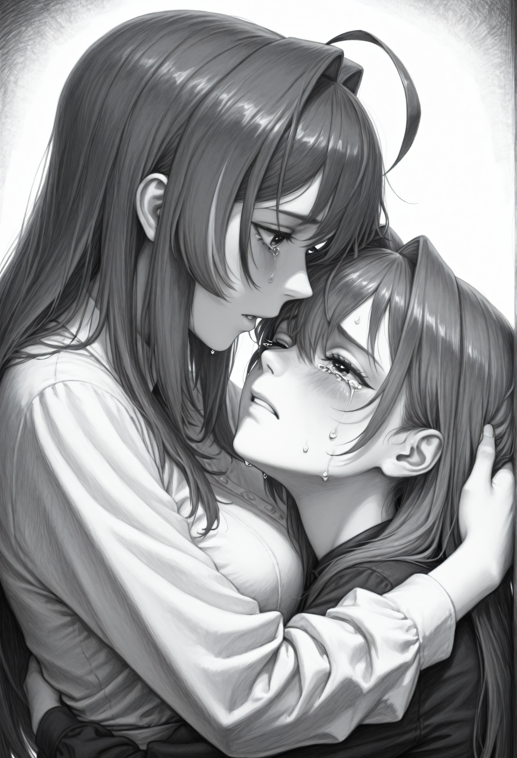 2girls, hug, tears, crying, rubbing_eyes, face-to-face,
 <lora:ChamOuroKroniiNoob:0.8>, Kr0nii, blue eyes, blue hair,
<lora:ChamNanashiMumeiIllustriousXL:0.6>, N4nashiMum3i, brown eyes, brown hair, long hair, streaked sidelocks, ahoge, very awa, masterpiece, best quality, highres, absurdres, <lora:ChamOuroKroniiNoob:0.8>, Kr0nii, blue eyes, blue hair, hair intakes, <lora:SketchArtV2:1>, greyscale, monochrome, sk3tch, hatching/(texture/)
