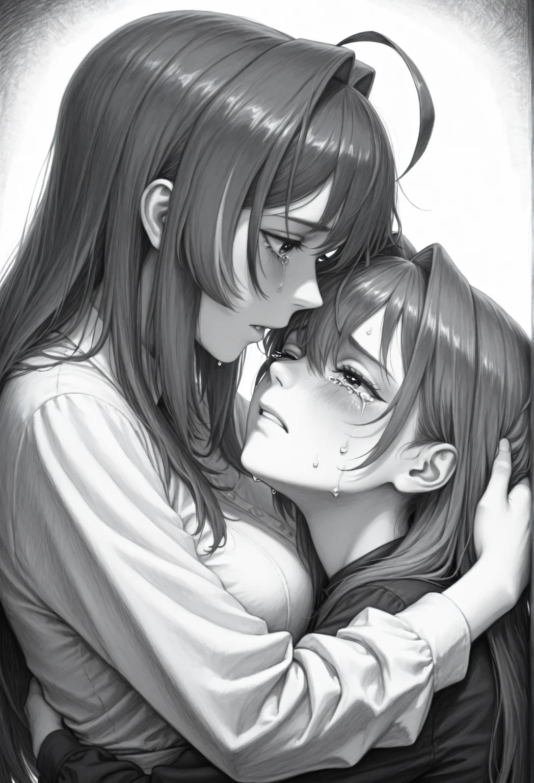 2girls, hug, tears, crying, rubbing_eyes, face-to-face,
<lora:ChamOuroKroniiNoob:0.8>, Kr0nii, blue eyes, blue hair,
<lora:ChamNanashiMumeiIllustriousXL:0.6>, N4nashiMum3i, brown eyes, brown hair, long hair, streaked sidelocks, ahoge, very awa, masterpiece, best quality, highres, absurdres, <lora:ChamOuroKroniiNoob:0.8>, Kr0nii, blue eyes, blue hair, hair intakes, <lora:SketchArtV2:1>, greyscale, monochrome, sk3tch, hatching/(texture/)