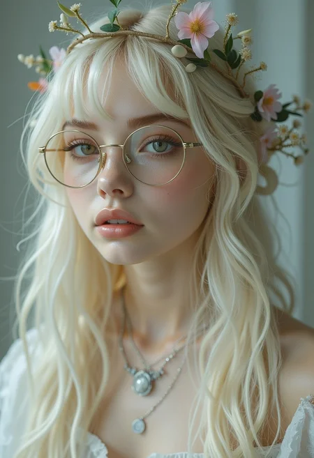 The image is a high-resolution photograph featuring a young woman with a striking, ethereal aesthetic. She is a light-skinned woman with long, platinum blonde hair cascading down her back, styled with a delicate, ornate headpiece that includes small, delicate flowers and leaves. Her hair is styled with a fringe that frames her face. She wears large, round, wire-framed glasses that give her a scholarly, intellectual appearance.