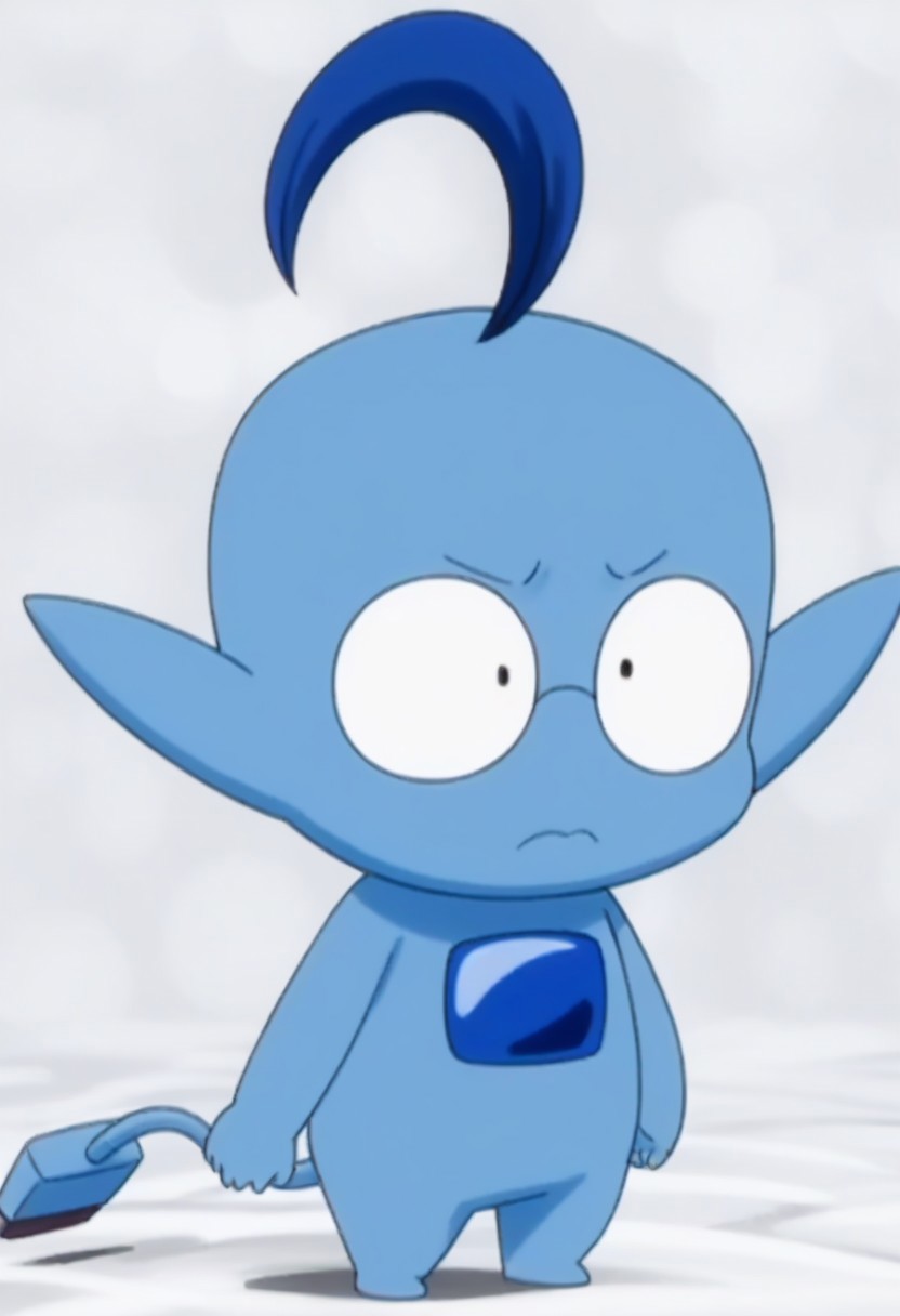 no humans, solo, pokemon(creature), wide-eyed, black eyes, glasses, ahoge, 1boy, blue skin, male focus, tail, pointy ears, full body, closed mouth, frown, simple background, high quality