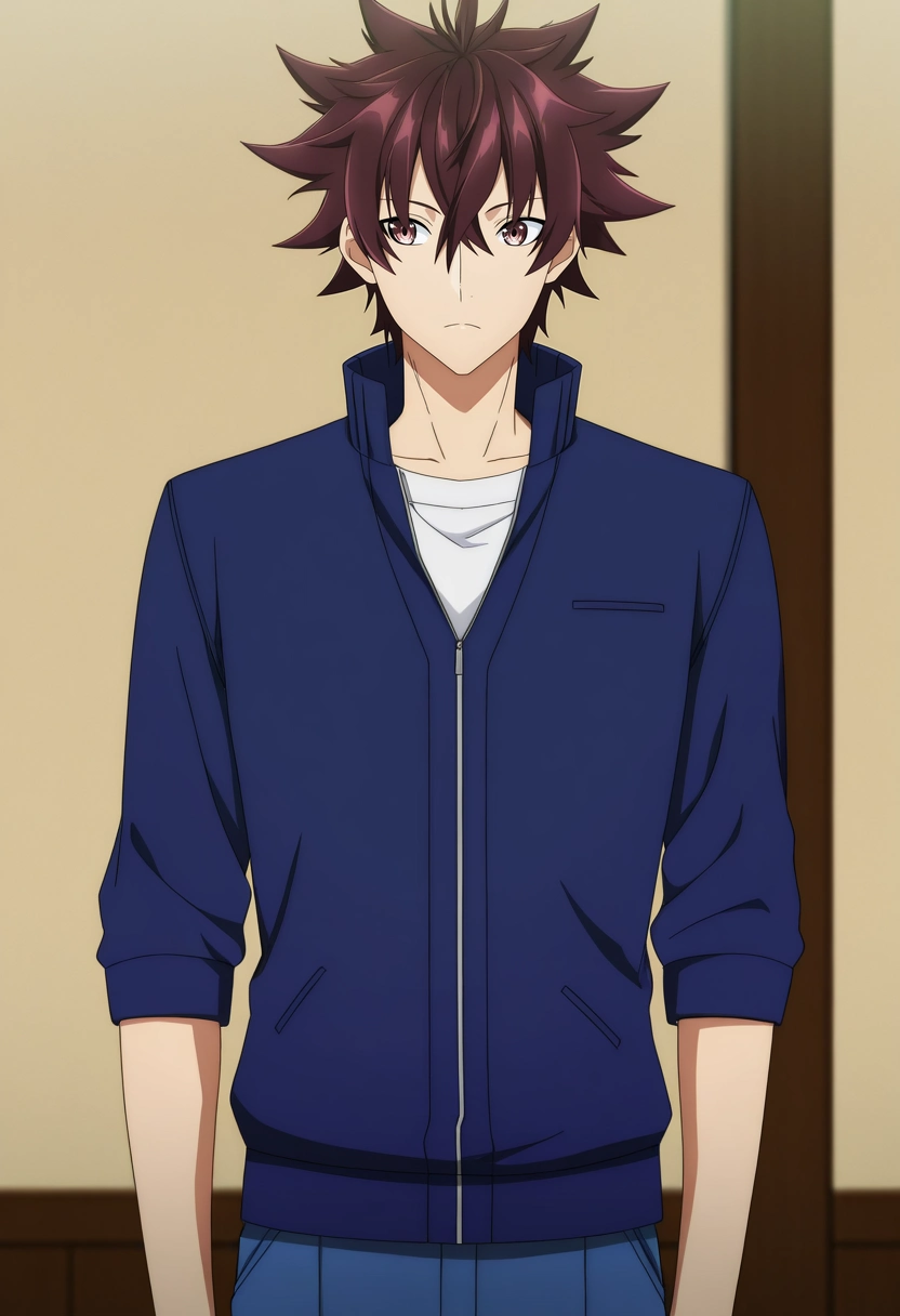 masterpiece, best quality, anime screencap, official style, anime coloring, cowboy shot, 1boy, solo, male focus, <lora:yuuya_tenjou_ilxl:1>, yuuya_tenjou, brown hair, brown eyes, short hair, hair between eyes, spiked hair, bangs, ,