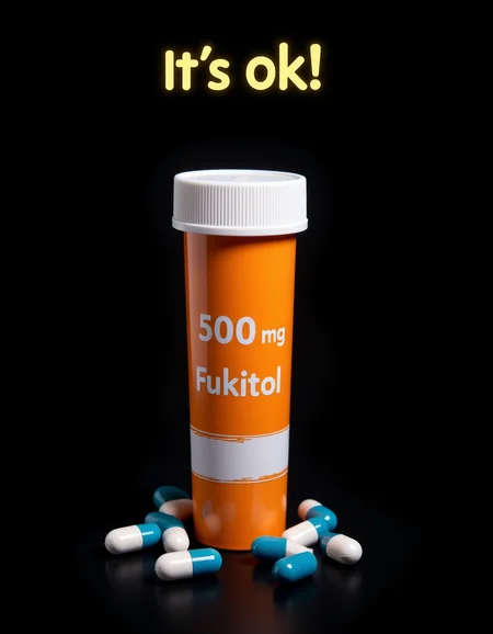 An upright orange tube-shaped pillbox. On the label of the pillbox is written â500 mg Fukitolâ. White lid. Outside are some half blue-half white capsule pills. âIt's OK!â is written in bright letters at the top of the picture. Black background, <lora:Dever_Flux_Enhancer:0.5> <lora:TextimproverV0.4:1> aidmatextimprover <lora:REMES_Abstract_Poster_Style:1>