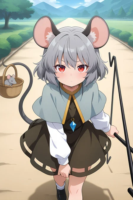 absurdres, highres, masterpiece, best quality, amazing quality, official anime artwork, screencap, anime screencap, outdoors, looking at viewer,
<lora:Nazrin_illustrious:1> nazrin, 1girl, solo, red eyes, grey hair, short hair, mouse ears, mouse tail,, pendant, grey capelet, brown dress, long sleeves, white sleeves, white socks, black footwear, dowsing rod, basket, mouse, cardinal point,