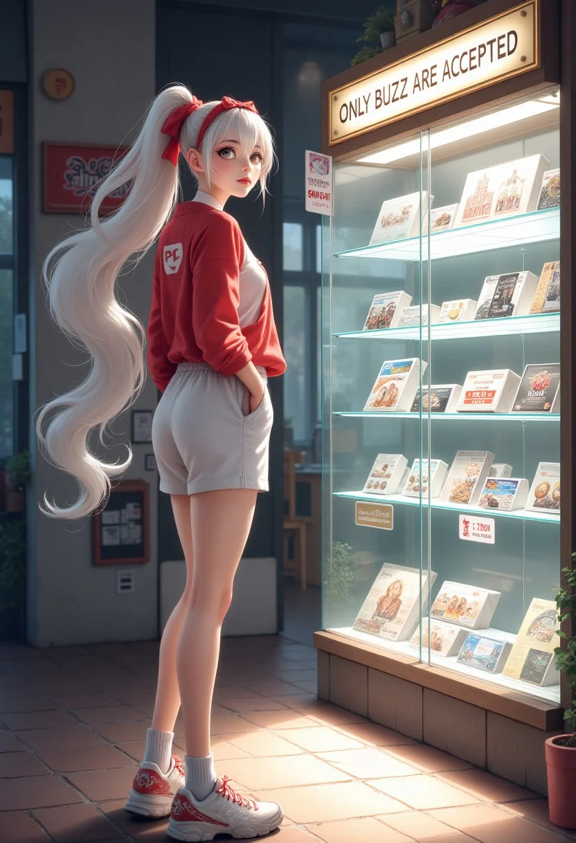 masterpiece, detailifier, shaders, perfect shadows, perfect lightning, perfect shaders, real anime style, detail eyes, magic eyes, de01, high resolution, high definition, 4k, great details, high quality, detailed, high detailed anime style, a sign that says only buzz are accepted, girl with long white and red hair, white sports shirt and long sports shorts, white socks, old tennis shoes, would be looking at a display case which sells various products, these would have their price (randomly over 1000) and with a small yellow buzz symbol (yellow lightning) replacing the dollar symbol, minimalist shop, minimalist ambient, the display case would be very well decorated and detailed, a sign that says only buzz are accepted, from the girl would come out a cloud that represents her thought which has an empty wallet and next to it a yellow buzz symbol (yellow lightning), hair simulating movement, detailed hair, detailed image, realistic hair movement simulation, extremely detailed hair, realistic hair, beautiful face, gorgeous face, perfect face, display case with valuable items, has a smile of excitement when seeing something, A illustration in the rimixa style, anatomically perfect body, sign, buzz simbol, buzz image, cloud hair, minimalist style, legible letters, ponytail, fluffy hair, fitness body, beautiful face, electronic shop, a sign that says only buzz are accepted, a sign that said buzz