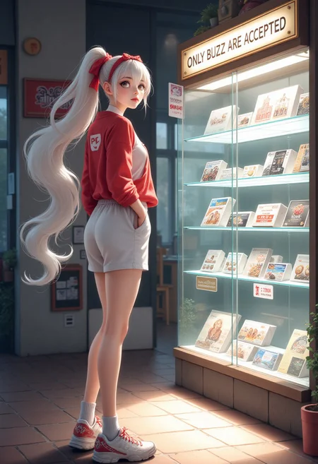masterpiece, detailifier, shaders, perfect shadows, perfect lightning, perfect shaders, real anime style, detail eyes, magic eyes, de01, high resolution, high definition, 4k, great details, high quality, detailed, high detailed anime style, a sign that says only buzz are accepted, girl with long white and red hair, white sports shirt and long sports shorts, white socks, old tennis shoes, would be looking at a display case which sells various products, these would have their price (randomly over 1000) and with a small yellow buzz symbol (yellow lightning) replacing the dollar symbol, minimalist shop, minimalist ambient, the display case would be very well decorated and detailed, a sign that says only buzz are accepted, from the girl would come out a cloud that represents her thought which has an empty wallet and next to it a yellow buzz symbol (yellow lightning), hair simulating movement, detailed hair, detailed image, realistic hair movement simulation, extremely detailed hair, realistic hair, beautiful face, gorgeous face, perfect face, display case with valuable items, has a smile of excitement when seeing something, A illustration in the rimixa style, anatomically perfect body, sign, buzz simbol, buzz image, cloud hair, minimalist style, legible letters, ponytail, fluffy hair, fitness body, beautiful face, electronic shop, a sign that says only buzz are accepted, a sign that said buzz