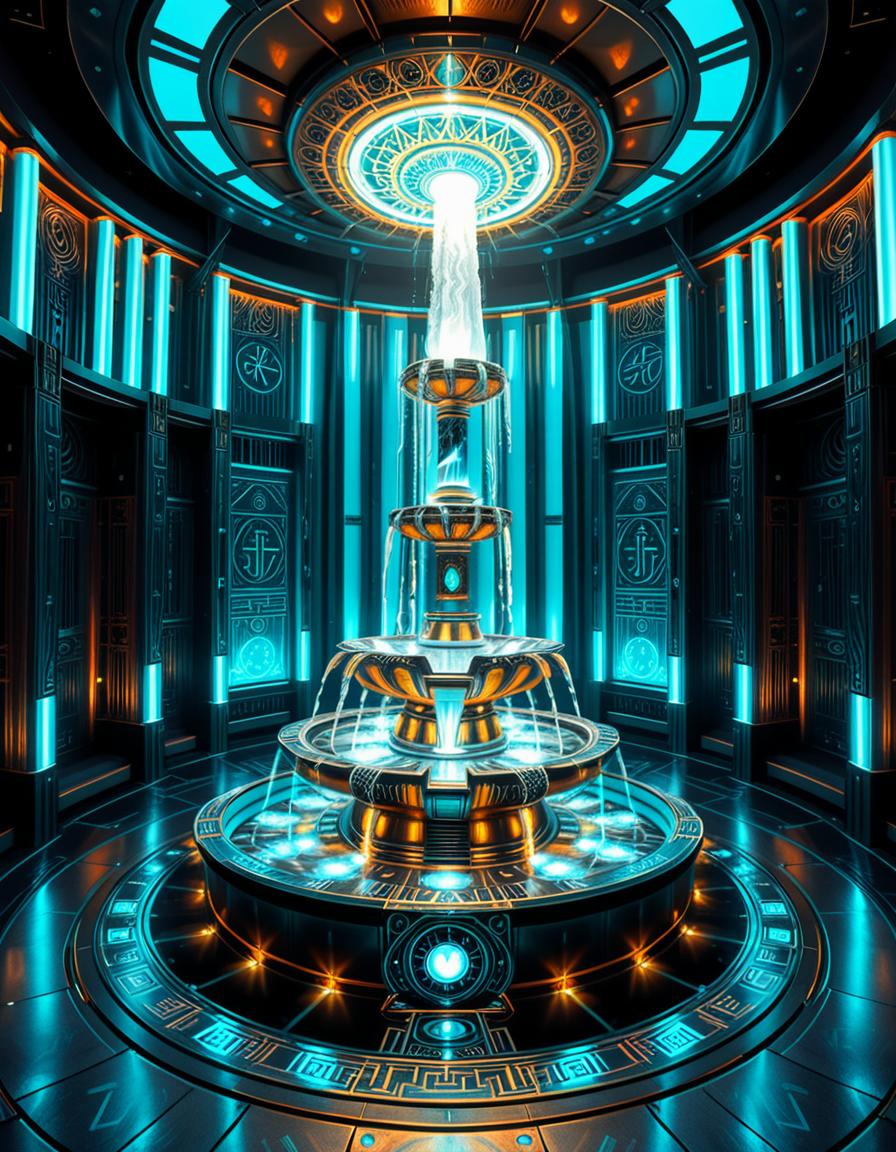 The center of a high-tech, alien temple-laboratory, where dark metallic walls shimmer under the glow of cyan vertical light tubes and faint sacred runes. In the middle of the chamber lies an elaborate biomechanical fountain, rising like an altar from a circular platform of engraved metal. The fountain pulses with iridescent liquid light, flowing in gravity-defying streams that spiral upward before cascading back into a glowing basin etched with ritual patterns. Bioluminescent veins run through the structure, illuminating the surrounding floor like circuitry. Overhead, a radiant, halo-like design casts a celestial glow, enhancing the surreal, sanctified atmosphere. The space exudes a fusion of sacred ceremony and alien technology, as if the fountain were a source of divine power worshipped by another world.
<lora:high-tech_alien_temple_f0unt41n:1>,high-tech alien temple f0unt41n,<lora:SDXLFaeTastic2400:0.4> <lora:extremely_detailed:0.4> extremely detailed, Masterpiece,best quality,hi res,8k,hi res,8k,award winning,(sharp focus, intricate, highly detailed),