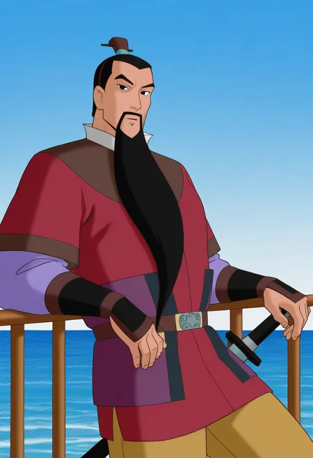 1boy, (cowboy shot:1.5), leaning back, large pectorals, looking at viewer, ocean, horizon, blue sky, casual, against railing,
BREAK
retro artstyle, lijing, mature male, black hair, mustache, very long beard, hair slicked back, black eyes, soul patch,
BREAK
topknot, hair stick, hair ornament,
BREAK
chinese clothes, layered clothes, red robe, purple underrobe, black front cloth, brown trim, long sleeves, white collar,
BREAK
purple sash, yellow pants, black bracers, brown belt, ornate buckle, green buckle, black footwear, white socks,
BREAK
sheathed, scabbard,
BREAK
best quality, masterpiece, very aesthetic, absurdres, highest detailed, very awa, <lora:Li_Jing_from_The_Legend_Of_Nezha_v1.0:1>