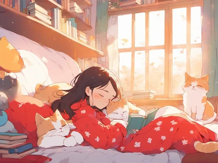 a girl wearing red pajama sleeping, surround by cats, bedroom with bookcase, lots of books, in the morning background, (colorful:1.1), (dynamic pose), windows light, shadows