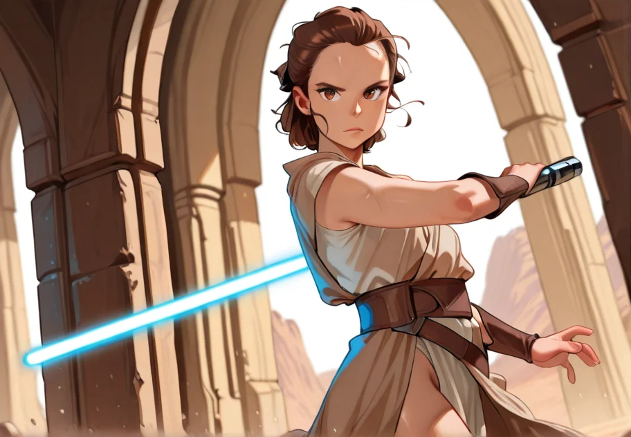 masterpiece, best quality, amazing quality, very aesthetic, absurdres, newest, detailed background, cowboy shot, outdoors, dynamic angle,
reysw, lightsaber, 1girl, energy sword, solo, brown hair, weapon, sword, robes, brown eyes, holding, looking at viewer,
<lora:Rey_-_Star_Wars_Illustrious:1>