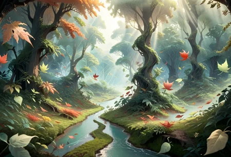 score_9,score_8_up,score_7_up, enchanting featuring rolling (fantasy fields:1.3) flowing into serene river, surrounded by lush greenery and blooming flowers, (leaves blowing in the breeze:1.3), (multiple leaves:1.4), under the soft glow of morning light, mythical forest in background, Fantasy background, light fog rolling in to the valley,
