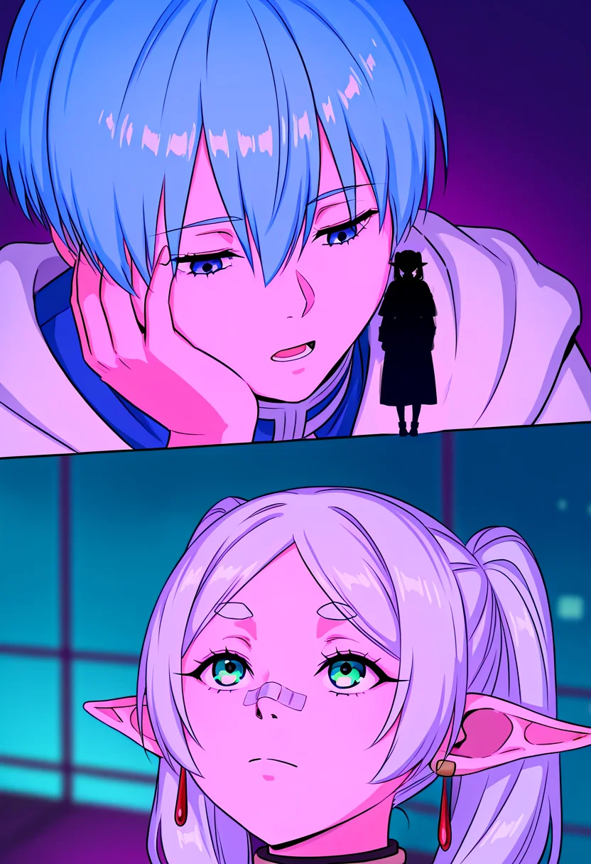 masterpiece, best quality, absurdres, goslingposting_(meme), comic, 2koma, scene reference, night, neon palette,
BREAK
(1boy, himmel \(sousou no frieren\), giant, looking down, looking at another, upper body, open mouth, hand on own cheek), (1girl, frieren, from behind, silhouette)
BREAK
1girl, frieren, looking up, bandaid, bandaid on nose, closed mouth, blurry background,
<lora:goslingposting_meme:1>