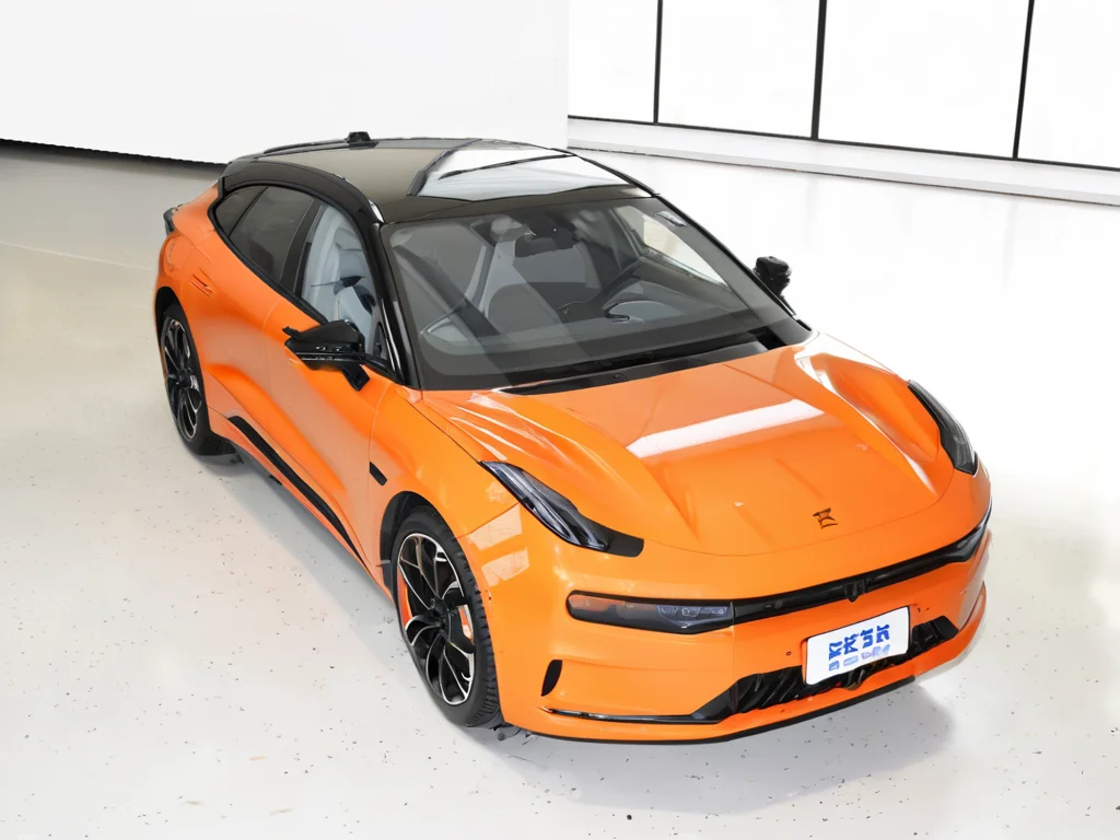 zeekr 001,orange body,white wall background,simple background,vehicle focus,car,ground vehicle,motor vehicle,no humans,white background,shadow,sports car,wheel,simple background,<lora:zeekr 001:0.8>,, masterpiece, best quality,