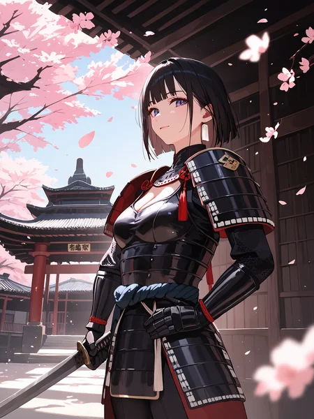 score_9, score_8_up, score_7_up,score_6_up,
holding sliver sword,
outdoor, sharp focus, dark theme, direct and engaging gaze,
high-resolution image capturing fine details, soft shadow, direct and engaging gaze,
cherry blossom, Japan temple background,
(in the dark, deep shadow, low key, cold light),
exquisite and clear,
1girl, solo, cleavage, breasts, gauntlets, shoulder armor,
looking at viewer, standing, bodysuit,
medium breasts,
beautiful face, earrings
samurai armor,
<lora:hinaSamuraiArmorPony_rev1:0.7>