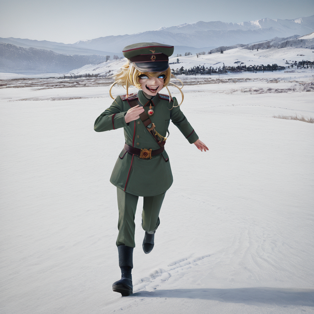 sfw, masterpiece, best quality,absurderes,source_photo,cinematic,realistic,photo,full body,1girl,solo,tanya degurechaff,blonde hair,blue eyes,military hat,military uniform,laughing,eyelashes,huge ahoge,running,outdoors,tundra,snow,mountains,blzzard,  <lora:Reallustrious_Beta:0.8>