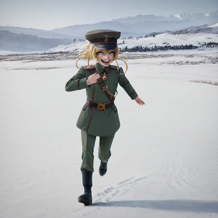 sfw, masterpiece, best quality,absurderes,source_photo,cinematic,realistic,photo,full body,1girl,solo,tanya degurechaff,blonde hair,blue eyes,military hat,military uniform,laughing,eyelashes,huge ahoge,running,outdoors,tundra,snow,mountains,blzzard,  <lora:Reallustrious_Beta:0.8>