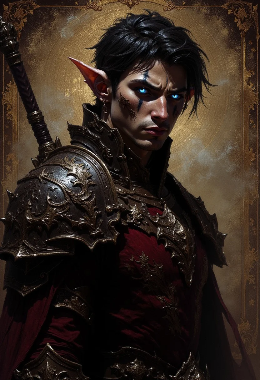 detailed renaissance oil painting, masterpiece, FredFraiStyle, male, short black hair, blue glowing eyes, silhoutetted, weapons, directional lighting, masterpiece, perfect composition, upper body portrait, elven ears