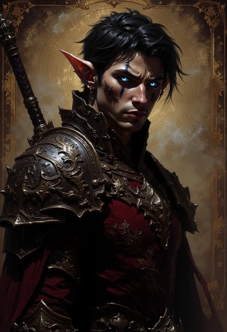 detailed renaissance oil painting, masterpiece, FredFraiStyle, male, short black hair, blue glowing eyes, silhoutetted, weapons, directional lighting, masterpiece, perfect composition, upper body portrait, elven ears