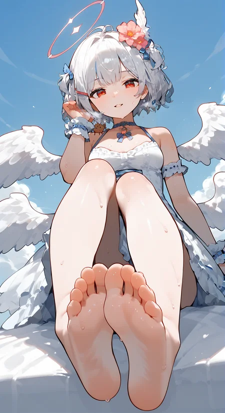 score_9, score_8_up, score_7_up,
<lora:SUI_summer_pony-000012:1>, 1girl, wrist cuffs, short hair, smile, white hair, wings,
feet, soles, barefoot, breasts, solo, toes, foot focus, looking at viewer, sitting, sweat, parted lips, outdoors, sky, bangs, day, smile, blush, foreshortening, sun,