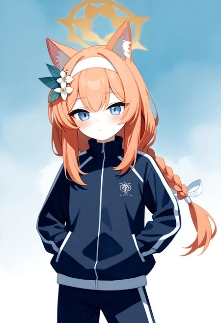 score_9, score_8_up, score_7_up, upper body Mari_(Track)_(Blue_Archive), blue_eyes, orange_hair, braid, long_hair, flat_chest, halo, hair_flower, animal_ear_fluff, gym_long pants,blue_pants,track_jacket, blue_jacket, white_hairband Mari_(Blue_Archive), Mari_(Blue_Archive), easynegative, 
ncpy45 style watercolor