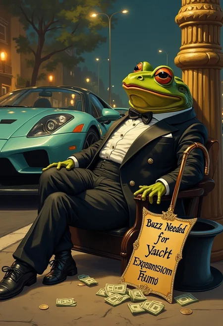 A whimsical imagenious style painting depicting a rich frog reclines against a street corner, clearly out of place in his crisp, tailored tuxedo. His gold-tipped cane rests casually at his side, and his gleaming top hat is propped out in front of him—open, but not for coins. A diamond-encrusted sign perched against the hat reads: ‘Buzz Needed for Yacht Expansion Fund.’ Behind him, his luxury amphibious sports car gleams under the streetlights. The frog’s expression is one of smug entitlement, his half-lidded eyes daring passersby to contribute. Despite the absurdity of it all, a few buzz notes are scattered in the hat, proving that charm and audacity go a long way.