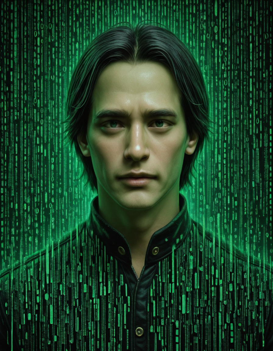 om0atrix0, 1boy, solo, male focus, black hair, realistic, green theme, glitch