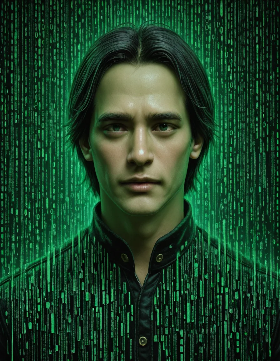 om0atrix0, 1boy, solo, male focus, black hair, realistic, green theme, glitch