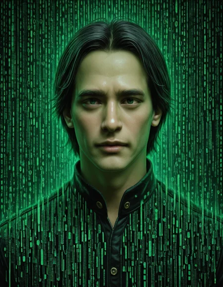 om0atrix0, 1boy, solo, male focus, black hair, realistic, green theme, glitch