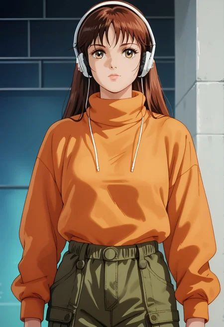 score_9, score_8_up, score_7_up, realistic, fine anime screencap_xl, anime screencap, miakoji, ronin warriors, solo, 1girl, retro, brown hair, 1980s (style), bangs, long hair, hazel eyes, portrait, makeup, dark_techwear urban techwear, street fashion, baggy jncos, cargo pant, hoodie, mock turtleneck, headphones,
