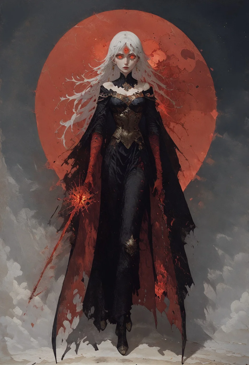 (score_9, score_8_up:1.1), score_7_up, Elegant, etheral presence, white hair, long hair, infected hair, woman, solo, glowing eyes, an enigmatic aura, shadows, fiery light, dark and red ambiance, depth blur, enigmatique, mysterious, armored dress, beutifuly, curvy, dark dress, infected face, (full body:1.8), black dress <lora:Expressive_H-000001> expressiveh <lora:vixon gothic oil style:0.7> d4rk01l <lora:Gothic Art 2 Style SDXL_LoRA_Pony Diffusion V6 XL:0.5> <lora:Mon_XL:0.9>