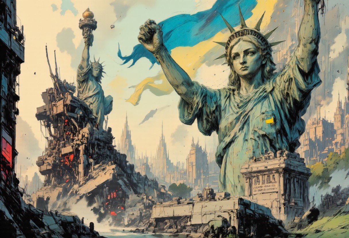 A majestic and symbolic juxtaposition of the iconic Statue of Liberty, standing tall and proudly holding a vibrant Ukrainian flag aloft in her right hand, while the French motto "Liberté, Egalité, Fraternité" is etched in bold letters across the base. The statue, originally a beacon of hope and freedom for the French people, now embodies an extended hand of solidarity and unity to Ukraine. The greenery of the surrounding landscape, a nod to the natural beauty of both France and the US, frames the scene, with the warm sunlight casting a golden glow over Lady Liberty's familiar copper hue and the blue and yellow stripes of the flag fluttering in the breeze. The French and American flags stand side by side, waving harmoniously in the wind, representing the enduring friendship between the two nations and their shared commitment to the ideals of liberty and democracy. The tranquil waters of the reflective pool at her feet mirror the scene, creating an image of steadfast resolve and echoing the timeless values of brotherhood and equality for all. The atmosphere is one of peaceful defiance, as the monumental statue becomes a living testament to the unyielding spirit of freedom unites nations
CAICO, nvinkpunk black and red theme, detailed image, This is a digital artwork in the style of ckgr, the image is featuring a sci-fi cityscape of colossal buildings and towers, black and gunmetal grey alloy surfaces with high-end circuitry, red glowing diodes and lights, large depth of field.