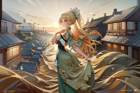 highly insanely detailed, masterpiece, top quality, best quality, highres, 4k, 8k, RAW photo, (very aesthetic, beautiful and aesthetic),  
(code_style,codestyle),traditional chinese text, 
<lora:CodeStyle (half generic class)_564920:1>, 
(1girl:1.3), 1other, 
(elegant modernist house) with stone white exterior, flat roof, bay windows, rustic wooden doors, cascading vines,wrap-around porch,ivy-covered walls, located in Sand Dunes, Rolling waves of golden sand stretching to the horizon, undulating patterns carved by the wind, the soft glow of sunset painting the landscape in warm hues, during sunset,âââ