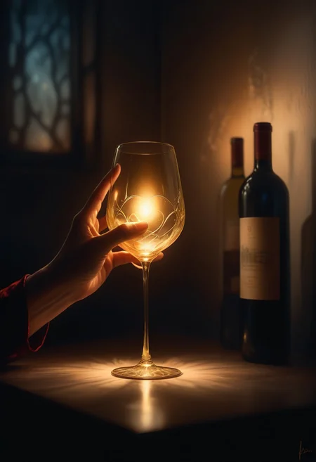 (Ethereal soft-focus, warm lamplight against cool midnight shadows, delicate brushwork capturing texture and softness, quiet sensuality) — A zoom-in on the delicate play of fingers tracing the edge of a wine glass, the dim glow of a nearby lantern casting shifting highlights over smooth, slender hands. A relaxed yet elegant pose, the faintest of smiles hidden just out of frame. Rich velvet tones and deep shadows enclose the scene, while warmth lingers in every golden reflection. A moment frozen in a dreamy, intimate haze, where light and touch whisper quiet stories.