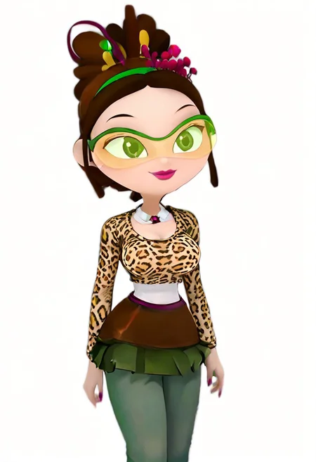 Maria, dark brown hair, green eyes, large breasts, big boobs, huge tits, leopard_skirt, c4toony style, smile, pink lips