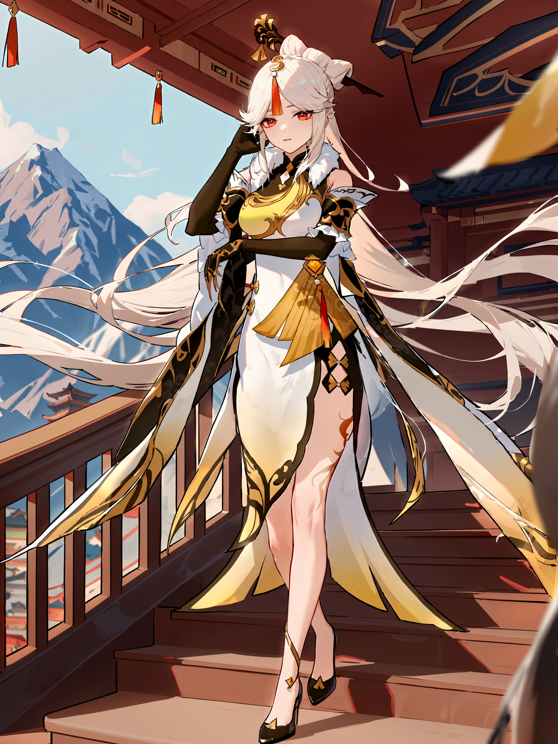 1girl, ningguang \(genshin impact\), solo, china dress, elbow gloves, hair stick, claw ring, red tassel hair ornament, high heels, fur collar, detached sleeves, full body, standing, hand in own hair, floating hair, looking at viewer, parted lips, mountain, east asian architecture, outdoors, depth of field  <lora:Char-Genshin-Ningguang-XL-V1:0.9>, masterpiece, best quality, very aesthetic, ray tracing, newest,(hitenkei, askzy:0.5), [<lora:detailed_notrigger:0.95>::0.5]