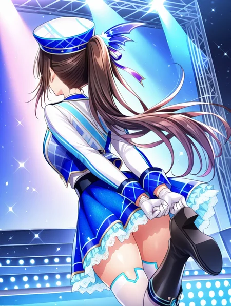 perfect quality,best quality,absolutely eye-catching,ambient occlusion,raytracing BREAK
1girl,<lora:hanayome IL v1.1_1:0.8>,utahosi,brown hair,ponytail,hat,hair ornament,idol,long sleeves,belt,miniskirt,lace trim,white thighhighs,black boots,stage,stage lights,light particles,solo,, from_outside,face_focus,on stomach,pointing_at_self,arms_behind_back,standing_split,_leg_up,