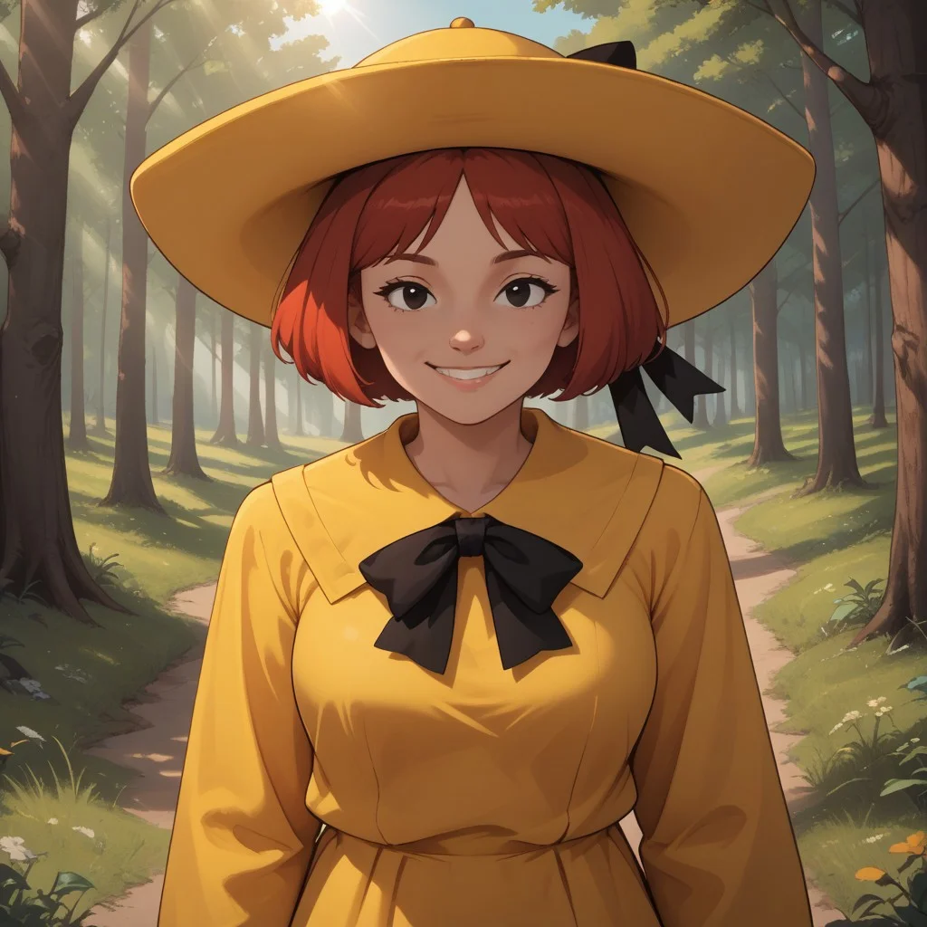 score_9, score_8, BREAK, solo, Madeline_Fogg, 1girl, solo, cute, black eyes, yellow hat with a black hair bow, yellow school dress, white gloves, red hair, socks, black shoes, self portrait, smile, looking at viewer, outdoors, sunlight, shadows, evening lighting, natural lighting, forest, trees, grass, orange sky, sunset