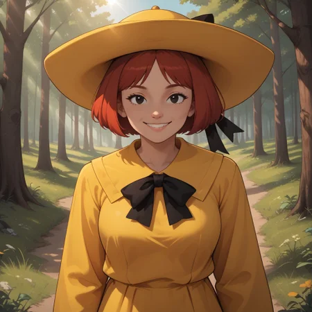 score_9, score_8, BREAK, solo, Madeline_Fogg, 1girl, solo, cute, black eyes, yellow hat with a black hair bow, yellow school dress, white gloves, red hair, socks, black shoes, self portrait, smile, looking at viewer, outdoors, sunlight, shadows, evening lighting, natural lighting, forest, trees, grass, orange sky, sunset