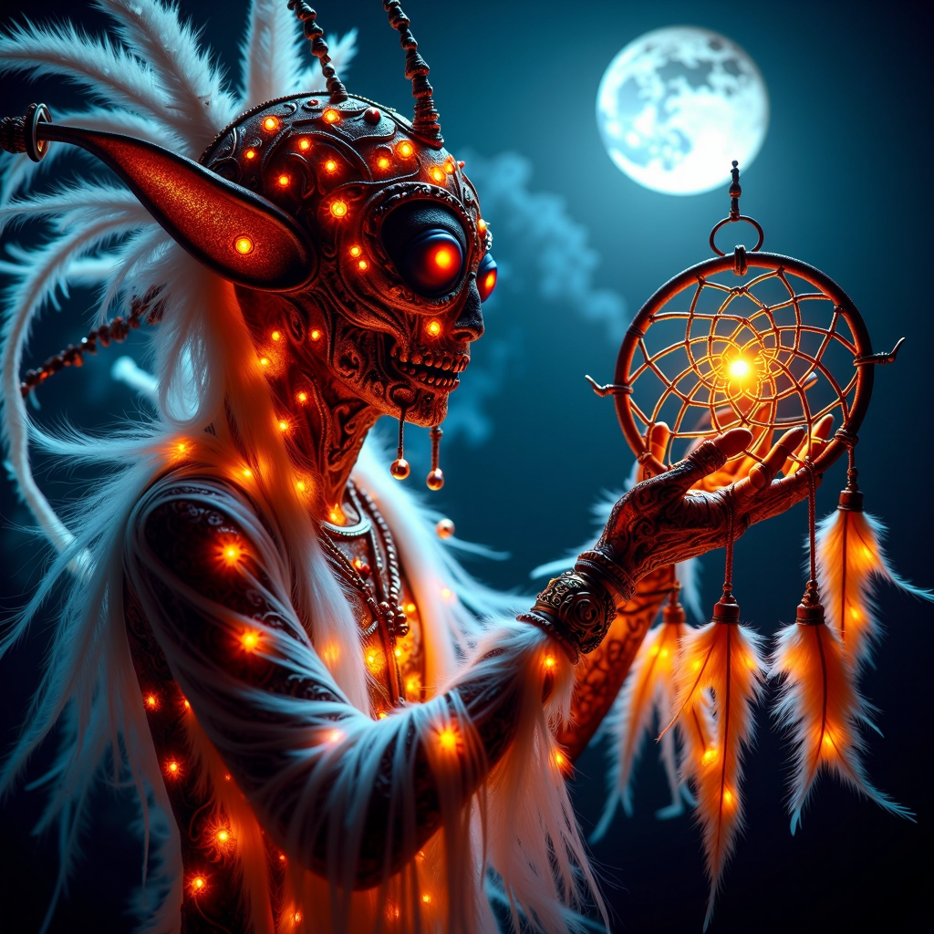 <lora:HalloweenGlowStyleFlux:1>HalloweenGlowStyle orange themed Futuristic alien entity, mysterious being, ancient astronaut, floating, holding, Dreamcatcher, glowing, intricate, feathers, beads, glistening, night scene, moonlit sky, blue hues, silver accents, mystical, surreal, detailed, vibrant, otherworldly, dreamlike, dark background, contrast, sharp focus, captivating, visually stunning