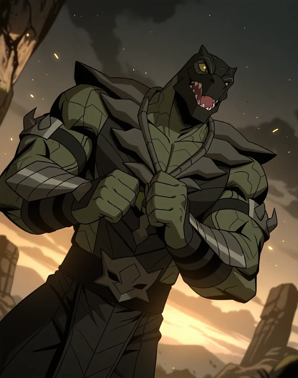 <lora:Reptile_(Mortal_Kombat_Legends_Scorpion's_Revenge)_(Illustrious)_(AD):1> Reptile_MK, muscular, Mortal Kombat,
dutch angle, exterior, monumental architecture, wasteland, dark night sky with black clouds, mountains, ancient Asian stone ruins,
male focus, gradient coloring, villain, cowboy shot, hyper muscular, veiny muscles, punch,
BREAK very awe, aesthetically pleasing, masterpiece, best quality, amazing quality, very aesthetic, perfect depth of field shot, in'ei, source_furry, furry_art,
Smooth Quality, lazympos, IllustQualXL_Pos,