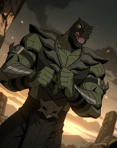 <lora:Reptile_(Mortal_Kombat_Legends_Scorpion's_Revenge)_(Illustrious)_(AD):1> Reptile_MK, muscular, Mortal Kombat,
dutch angle, exterior, monumental architecture, wasteland, dark night sky with black clouds, mountains, ancient Asian stone ruins,
male focus, gradient coloring, villain, cowboy shot, hyper muscular, veiny muscles, punch,
BREAK very awe, aesthetically pleasing, masterpiece, best quality, amazing quality, very aesthetic, perfect depth of field shot, in'ei, source_furry, furry_art,
Smooth Quality, lazympos, IllustQualXL_Pos,