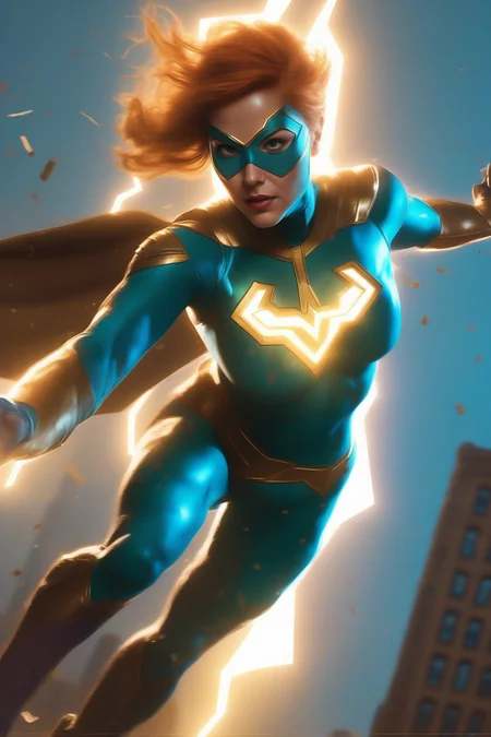 zdyna_pose, dutch angle, from below, female superhero in a zdyna_pose casting lightning from her outstretched arms with a tall city in the background in a low camera angle actions scene, foreground objects dust and volumetric lighting, bright cinematic lighting, orange and teal color grading