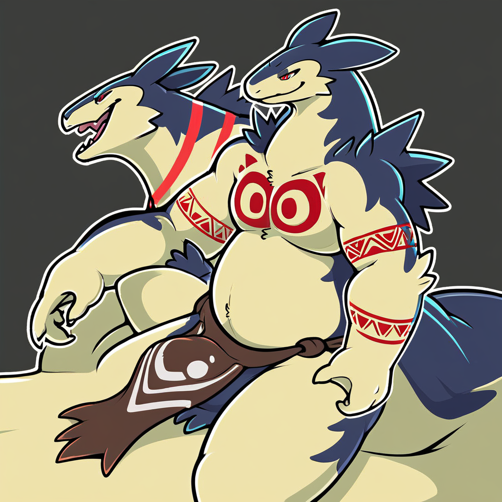 pokemon creature, typhlosion, anthro, loincloth, tribal tattoo on pectoral,